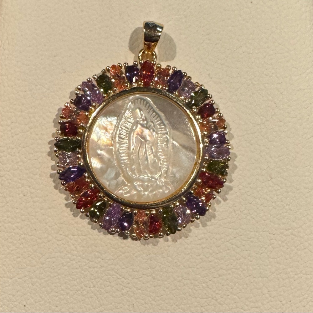 Guadalupe Gold over Sterling silver pendant or Charm with multi colored stones